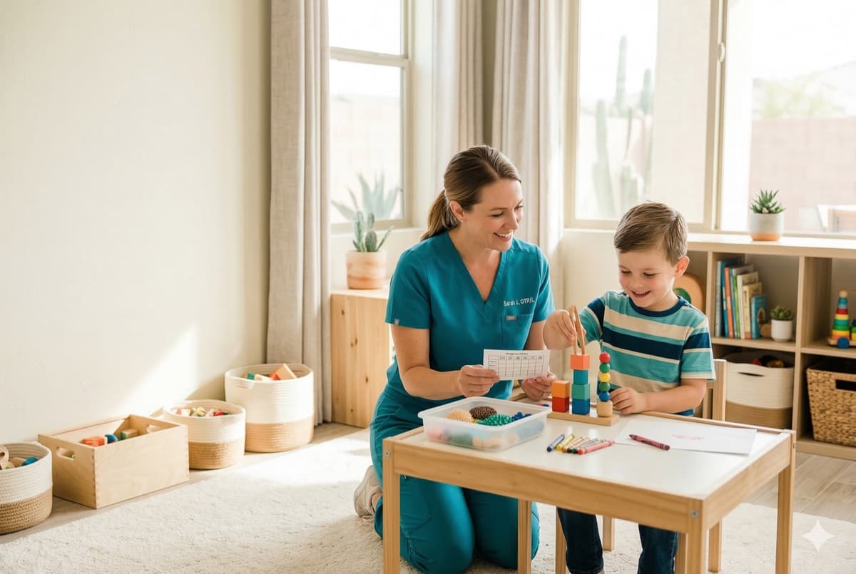 Terapeuta de AVOLA trabajando con un niño en habilidades motoras finas durante una sesión pediátrica a domicilio