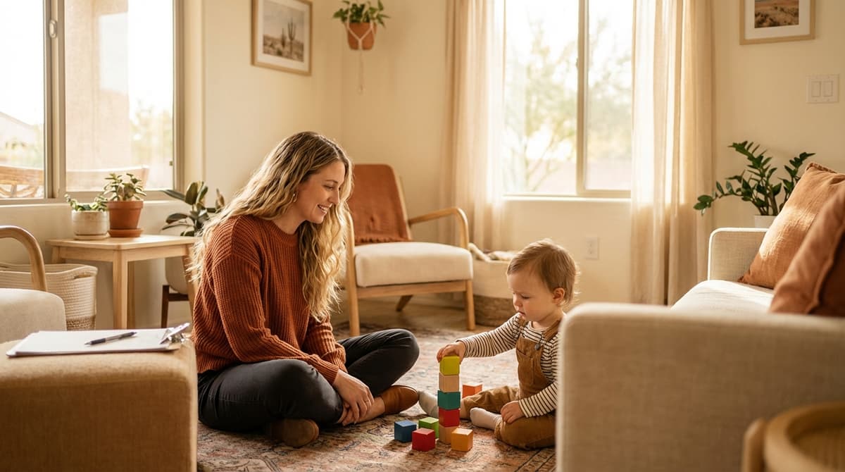 Terapeuta ocupacional de AVOLA realizando una evaluación del desarrollo con un niño pequeño en un hogar de Phoenix